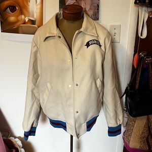Forever 21 Cream Varsity Jacket with Blue and Red Trim